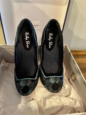 Ruby Shoo Teal Floral Ballet Heels - Women's